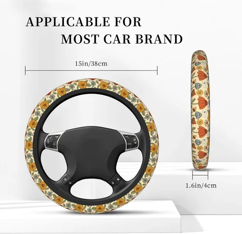 Vista 5 de Funda de volante vintage floral hippie de los 70, diseño de hongo retro, cubierta de volante de neopreno antideslizante para mujeres, hombres