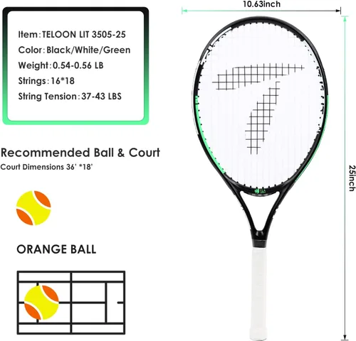Vista 2 de Teloon Raqueta de tenis para niños, raqueta de tenis juvenil de 19 a 25 pulgadas con cubierta, raqueta de tenis junior para niños y niñas de 3 a 12