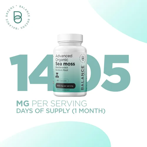 Vista 2 de Balancebreens Suplemento orgánico irlandés de musgo marino, vejiga y raíz de bardana, 1405 mg, 60 cápsulas vegetales, refuerzo inmunológico, salud