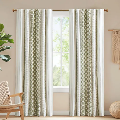 Vista 13 de INK+IVY Cortinas Boho para Dormitorio PANEL ÚNICO Cortinas de Ventana para Sala de Estar, 100% Algodón con Rayas de Chenilla Copetuda Estilo Granja