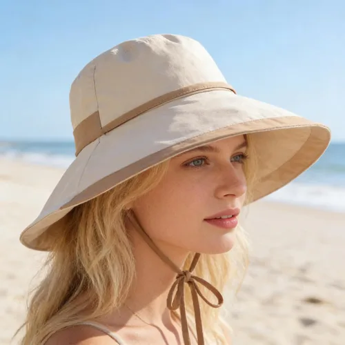 Vista 2 de Sombreros de verano para mujer, protección UV, sombrero de playa plegable de ala ancha con cuerda resistente al viento