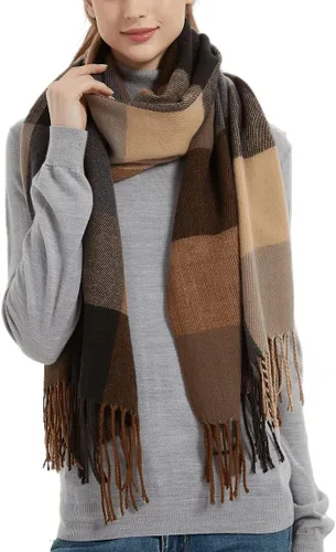 Vista 7 de Wander Agio Chal Largo de Moda para Mujer con Cuadrícula Grande, Bufanda Grande Cálida de Rejilla para Invierno Beige