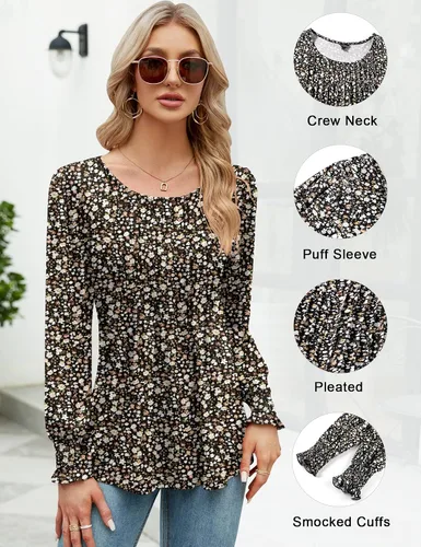 Vista 2 de LOMON Blusa de verano para mujer, manga largacorta, plisada, cuello redondo, blusas casuales sueltas