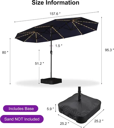 Vista 143 de PURPLE LEAF - Sombrilla de mercado de patio de 13 pies con base rectangular doble cara, sombrilla de mesa para exteriores con manivela, 12 varillas