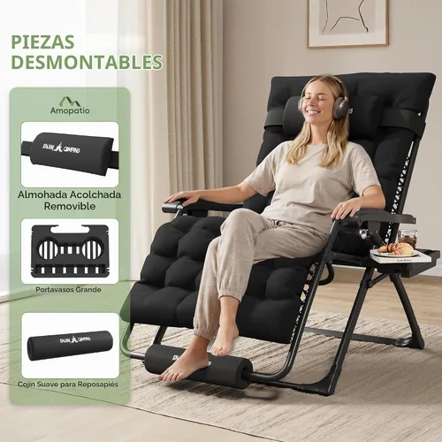 Vista 5 de Silla de gravedad cero de gran tamaño, plegable, reclinable, acolchada Negro XG