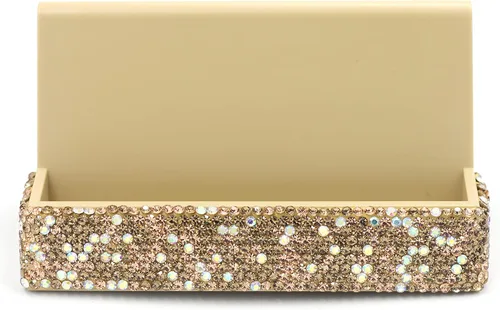 Vista 2 de Tarjetero de cristal con diamantes de imitación para escritorio, soporte de exhibición de tarjetas de visita de escritorio (dorado)