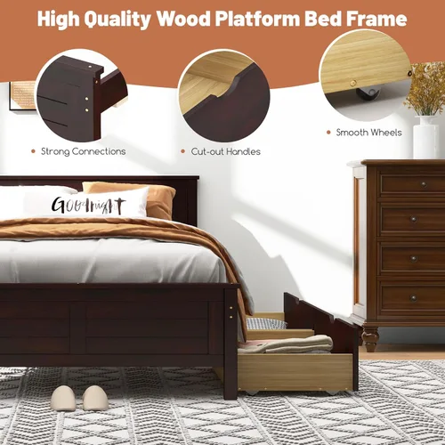 Vista 7 de GOFLAME - Base de cama tamaño individual con 2 cajones, base de plataforma con cabecera y estribo de madera maciza, listones de madera para soporte