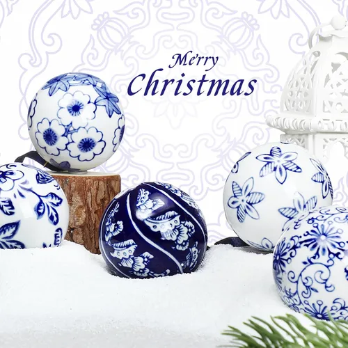 Vista 3 de Cindeer 6 bolas de porcelana china azul y blanca de 2.4 pulgadas, adorno de porcelana a granel de cerámica para Año Nuevo, decoración para fiesta