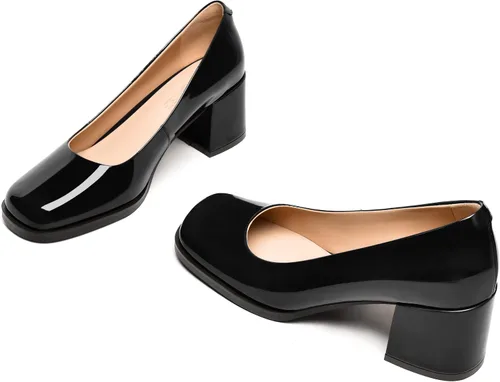 Vista 5 de FEMSTEP Zapatos de tacón medio con puntera cuadrada para mujer, de charol y tacón medio, de 2.5 pulgadas