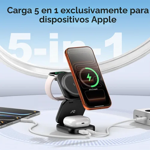 Vista 2 de Cargador inalámbrico 5 en 1 para MagSafe, estación de carga de viaje portátil AC ISLAND de 35 W, soporte magnético plegable rápido Qi2 de 35 W