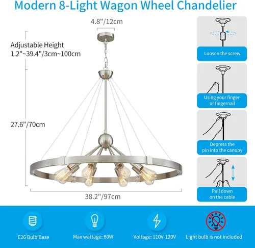 Vista 3 de XINGQI Lámpara de araña grande de 38 pulgadas con ruedas de carro, moderna lámpara colgante de níquel cepillado, 8 luces rústicas para comedor, sala