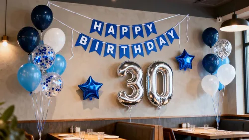 Vista 2 de Decoración de fiesta de cumpleaños número 30 para hombres, pancarta de feliz cumpleaños, color azul, plateado, número 30, globos de papel