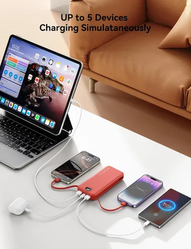 Vista 4 de Banco de poder aonidi de 12000mAh ultraportátil con cables y enchufe de pared AC incorporados, paquete de batería para teléfono celular con carga