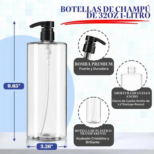 Vista 2 de 2 paquetes de botellas transparentes de 32 onzas con bomba negra Negro