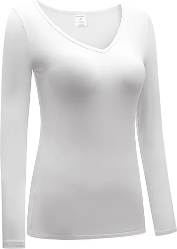 Vista 3 de OThread & Co. Camiseta de manga larga con cuello en V, para mujer, con capa básica, de licra