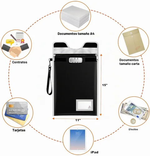Vista 6 de BALAPERI Bolsa ignífuga para documentos, 15'x11', tamaño A4/A5/carta/legal, bolsa de dinero con cerradura de combinación, resistente al agua, negro