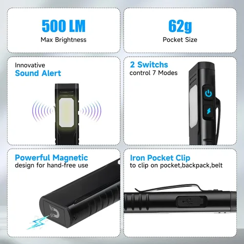 Vista 2 de linterna recargable EDC con beeper de sonido, linternas planas portátiles de bolsillo, linterna magnética pequeña, linterna de mano con clip de luz