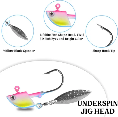Vista 2 de Jig Heads anzuelos de pesca, 10 piezas de Walleye Jigs Spinner Baits Underspin Jig Heads con hoja de sauce colorido pintado resplandor plantillas