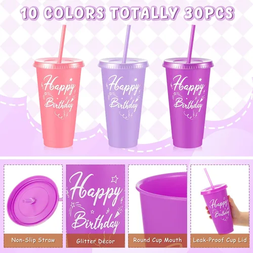 Vista 3 de Uiifan 30 vasos de cumpleaños a granel con tapas y pajitas, vasos reutilizables de color morado y rosa para regalos de fiesta, regalos de devolución