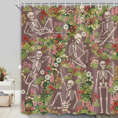 Vista 8 de Divertida cortina de ducha de esqueleto de calavera rosa, para Halloween, gótica, rosa, rojo, rosa, floral, vino tinto, terror, terror, cortina