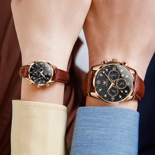 Vista 4 de OLEVS Juego de 2 relojes de cuarzo para parejas de San Valentín, para él y ella, cronógrafo de cuero, con diamantes para hombres, mujeres, amantes