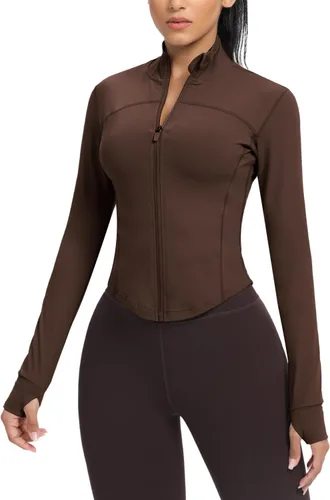 Vista 39 de AVGO Chaquetas de entrenamiento recortadas para mujer, con cremallera, ajustadas, atléticas, con agujeros para el pulgar