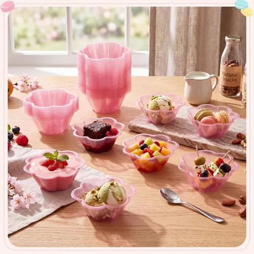 Vista 4 de Zubebe Paquete de 100 cuencos de helado con forma de flor de 10 onzas de Rojo rosa