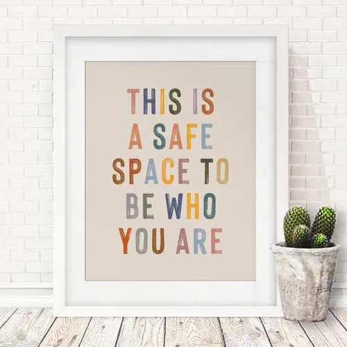 Vista 6 de Letreros de aula con texto en inglés «This Is A Safe Space», decoración de oficina de terapia para consejero escolar, psicólogo y aula, póster