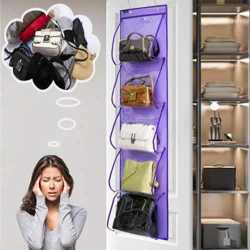 Vista 5 de Organizador de bolsos para colgar sobre la puerta con 5 bolsillos de fácil acceso, organizador de almacenamiento para toallas, bufandas, paraguas