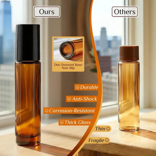 Vista 5 de PrettyCare 4 Pack 10ml Amber Glass Essential Oil Roller Bottles - Roller Ball Applicator, Leakproof Roll on Bottles, Travel Size Containers, Empty