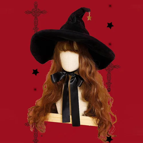Vista 3 de Aetygh Sombrero de mago negro para mujeres y niñas, sombrero de bruja Lolita de Halloween con ala grande, sombrero de bruja, disfraz de fiesta