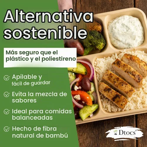 Vista 3 de Dtocs Platos de compartimento desechables (40 piezas) 4 porciones, bandejas seccionales resistentes de fibra de bambú para campamento, catering