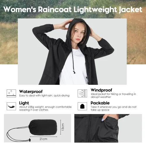 Vista 2 de Chubasquero para mujer, chaqueta ligera, impermeable, rompevientos plegable, para exteriores