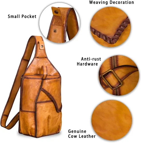 Vista 5 de Bolso bandolera de cuero genuino para hombres y mujeres vintage grande mochila bandolera bandolera bandolera bolsa de pecho para iPad