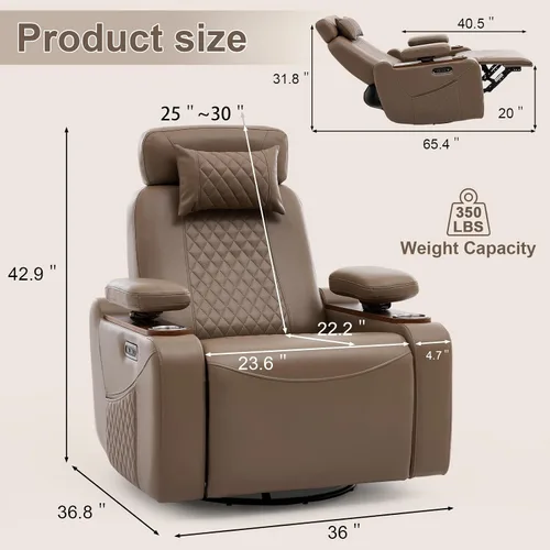 Vista 2 de Silla reclinable giratoria eléctrica para sala de estar, marrón Camel marrón