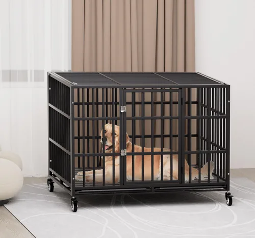 Vista 7 de Snuowu Jaula para perros de alta resistencia de 42 pulgadas con ruedas, jaula indestructible a prueba de escapes para perros grandes, extragrande