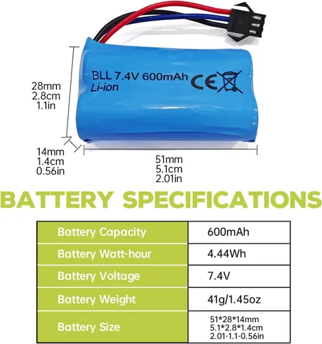 Vista 2 de 2 unids 7.4 V 600 mAh 2S batería de iones de litio con enchufe SM-3P con 2 unids cable de carga USB para DE82 TK3086B G20601 RC juguete RC coche