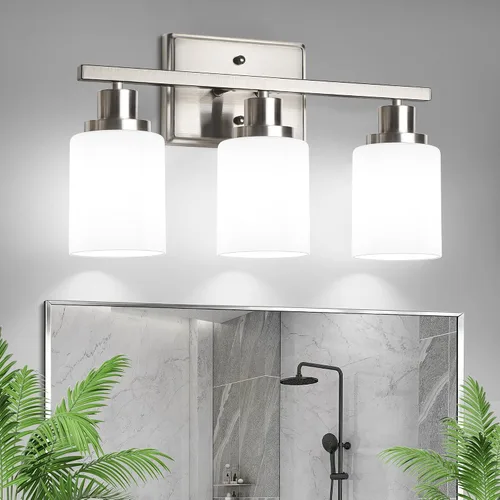 Vista 10 de Ascher Apliques de pared de 2 luces, moderna lámpara de tocador con pantalla de vidrio transparente, lámpara de pared de níquel cepillado