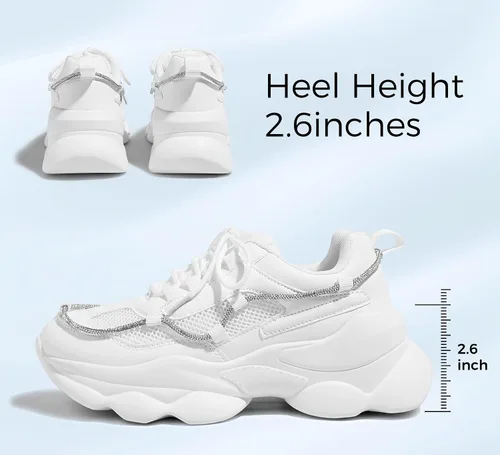Vista 2 de LUCKY STEP Zapatos deportivos gruesos de los años 90 para mujer, con plataforma de cuerda con diamantes de imitación brillantes, casuales, gruesos