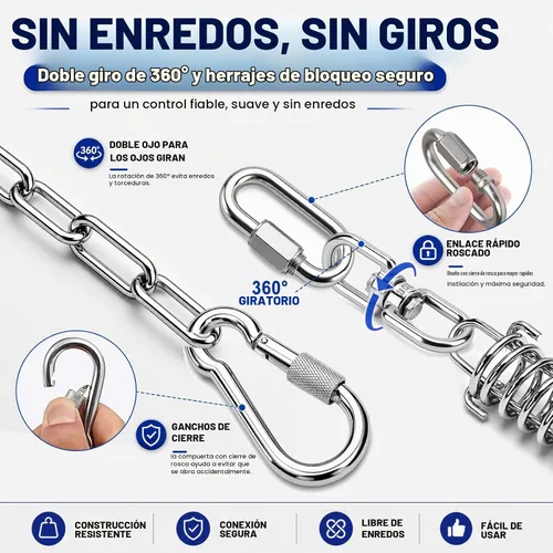 Vista 3 de Cadena de amarre para perro de 15 pies para exterior, correa de cadena de acero inoxidable resistente con resorte que absorbe los golpes para perros