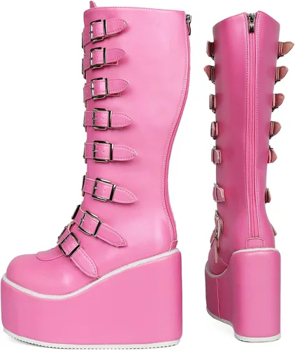 Vista 29 de Parisuit Botas góticas altas hasta la rodilla con hebilla de plataforma para mujer, tacón alto grueso, con cordones, botas de combate punk, con Negro