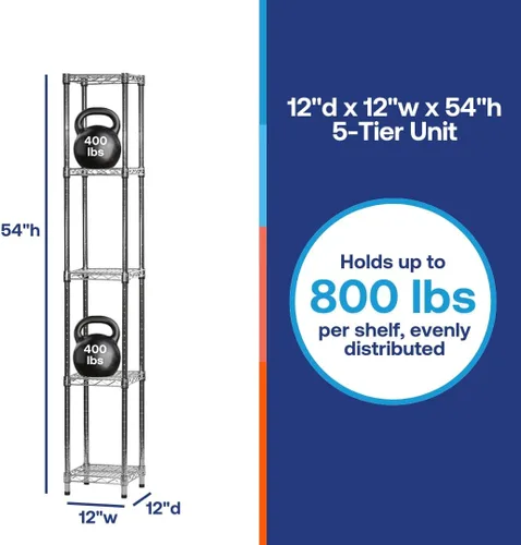 Vista 2 de Shelving Inc. Estantería de alambre cromado de 12 pulgadas de profundidad x 12 pulgadas de ancho x 54 pulgadas de alto con estantes de 5 niveles