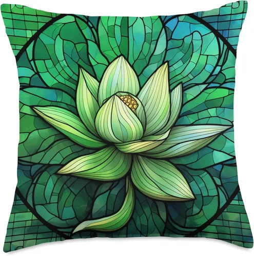 Vista 5 de Aesthetic Lotus Flower Gifts For Yoga Women Cojín abstracto de flores de loto verde con vitrales florales, 16 x 16, multicolor