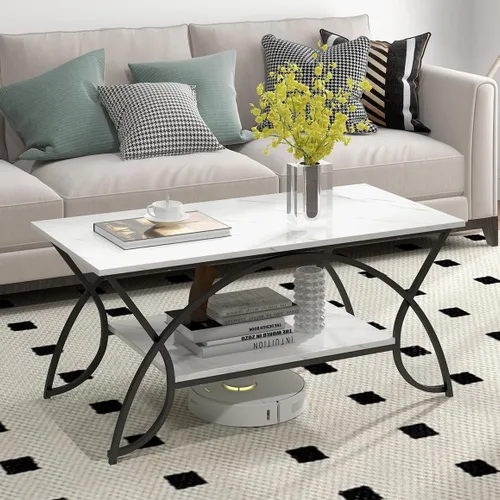 Vista 11 de Giantex Mesa auxiliar rectangular de 2 niveles, mesa de grano de madera con estante de almacenamiento abierto, marco de metal acabado negro, mesa