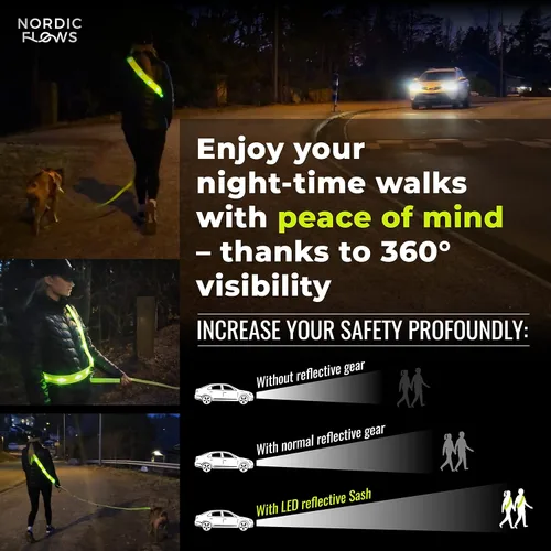 Vista 6 de Chaleco de seguridad con luces LED recargables NordicFlows – Banda reflectante e iluminada para paseos nocturnos, correr y pasear al perro