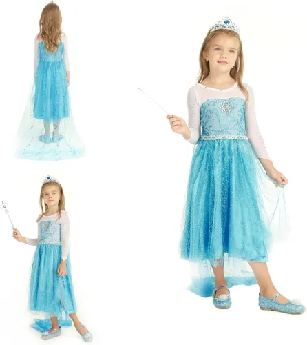 Vista 3 de Elsa Dress Up for Girls - Disfraz de princesa de Anna para niños con corona, varita, guantes para fiestacosplay, boda de 3 a 10 años