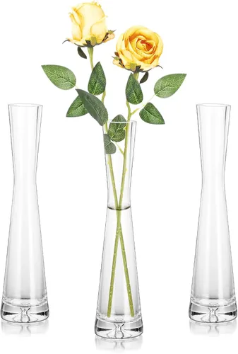 Vista 12 de Hewory Jarrones de Cristal para Brotes para Centros de Mesa, Juego de 3, Hechos a Mano, Modernos, Transparentes, Pequeños, Delgados, Decorativos