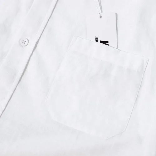 Vista 4 de JEKAOYI Camisas de lino con botones para hombre, estilo casual, manga larga, ajuste regular, de algodón, con bolsillo