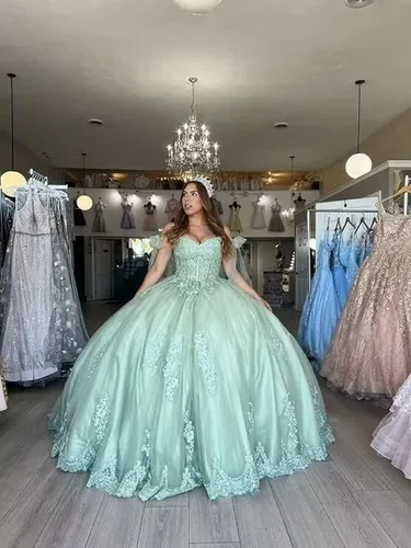 Vista 3 de Youjiayi Vestido de fiesta con cuello en V para mujer, vestidos de quinceañera largos de tul de encaje princesa dulce 16 vestidos YJY33