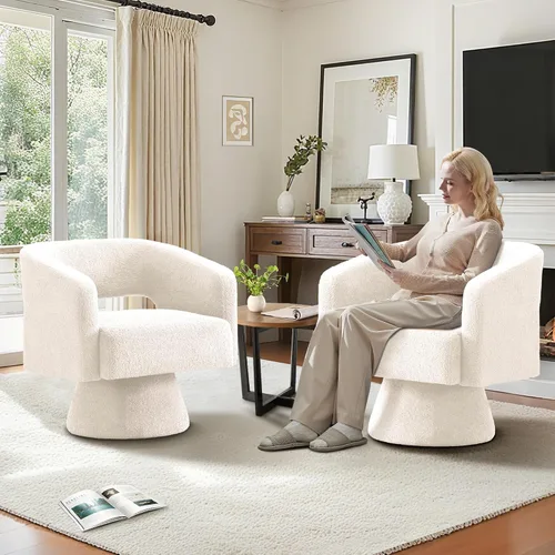 Vista 23 de ClinQ Silla giratoria de barril acento, juego de sillas redondas tapizadas de teddy extragrandes, silla de tocador moderna de lujo de 360°